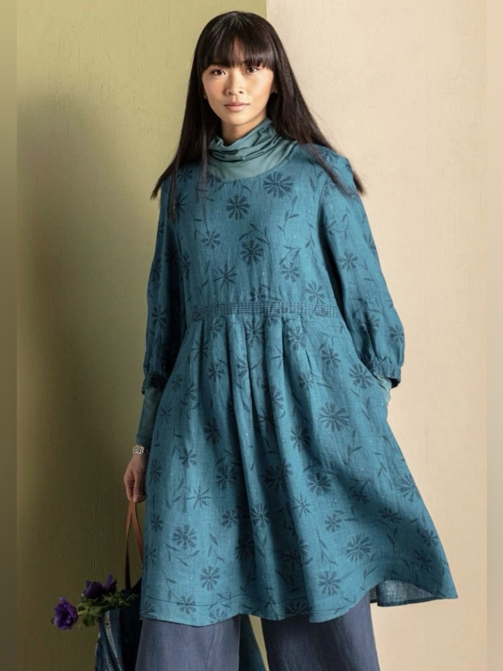 Gudrun Sjödén Blue Teal Linen Floral Midi Dress Small Lagenlook Boho Pockets